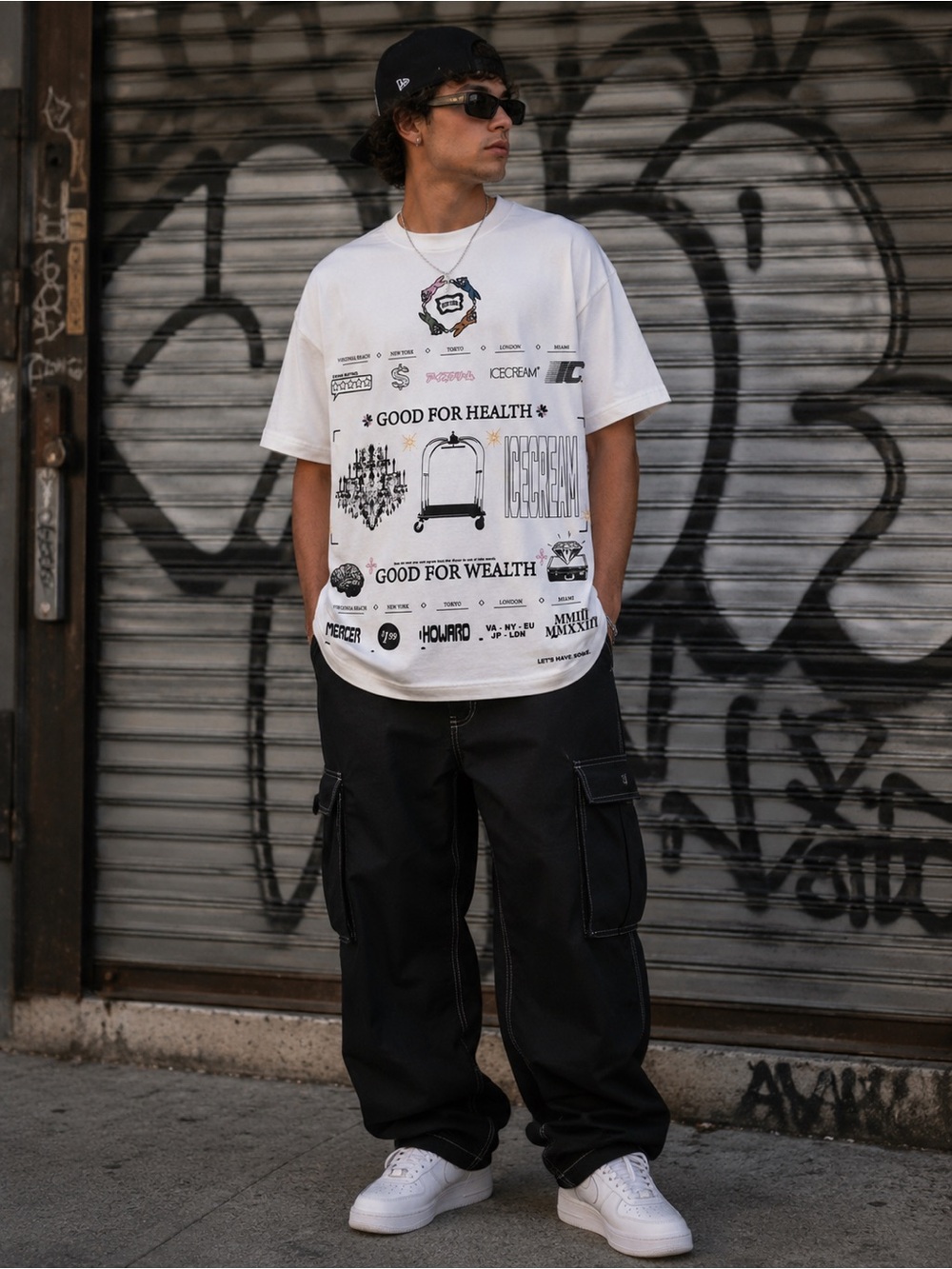Icecream White Tee with Black Graphic Logos